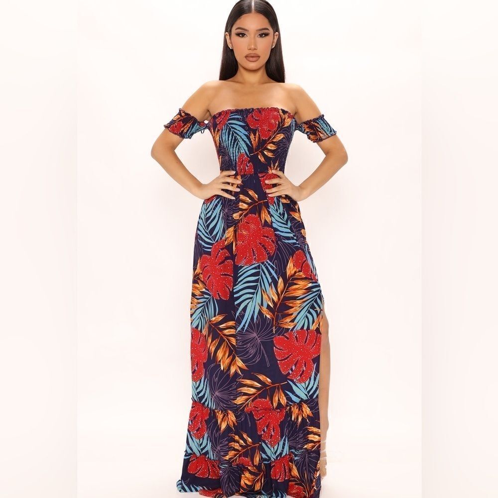 FASHION NOVA Laurel Off Shoulder Maxi Dress - Blue/combo